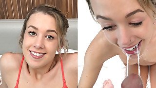 This adorable 18 yr old sucks her first cock on camera