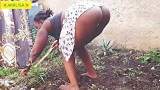 African Village farmer: perfect ass ebony,thick thighs,gardening on camera