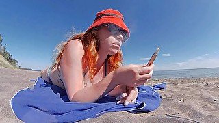 Ginger Redhead Milf Smoking Iqos Cigarette in Swimsuit on the Beach