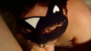 Pretty and chubby brunette in the mask blowing my dick