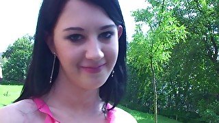 Cute teen Lolly posing and flashing outdoors