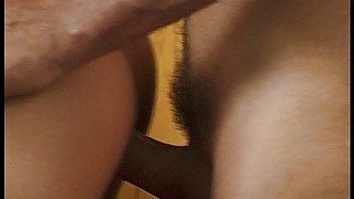 Hairy girl gets pussy torn apart with wild strokes of a massive cock