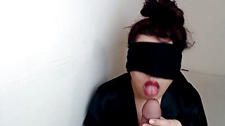 Blindfolded gamer girl sucking stranger's huge cock!