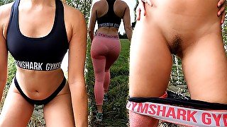 Fitgirl pissing her legging after a hike