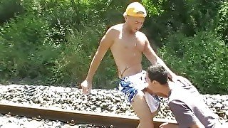 Amazing exhib with twink fucked in exhib train rail