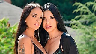 Sexy Brunette Lesbians Claudia Bavel and Kira Queen Trade Strap-on For Masseuses Cock GP2060