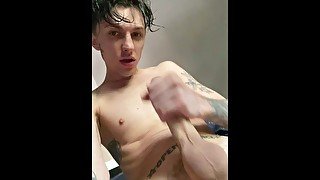 young tattooed gay jerking off a huge cock and cum - Angel69Daddy