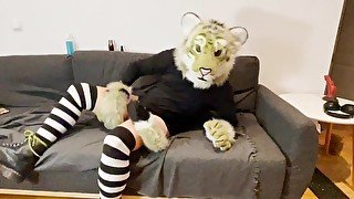 Stroking my uncut curved cock and playing with a Bad Dragon dildo in a Tiger Fursuit