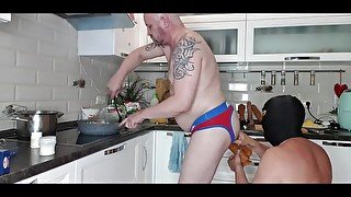 KITCHEN sex - i COOK PASTA and my THROAT and ASS daddy FUCKED with DILDOS at the same t