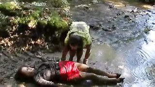 Lustful lesbian duo gets wet clothed in the river