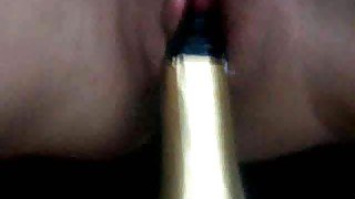 Fucking my nasty girl's wet pink pussy with champagne bottle