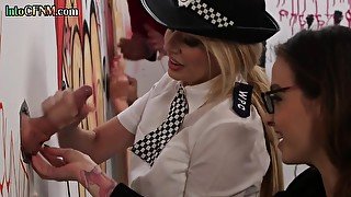 CFNM gloryhole police ladies jerk cocks in handjob orgy