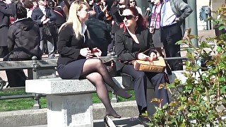 Spying Camera Captures Hot Businesswoman In Public Resting Her Feet In Nylon Stockings