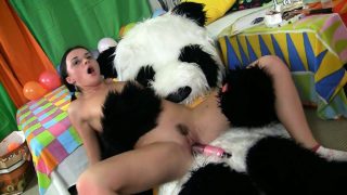 She gets fucked by her panda friend and his strapon dildo dick