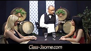 Two horny nymphos seduce and devour the sommelier