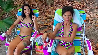 Cuties in colorful swimsuits picked up for a wild threesome