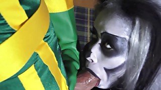 Blonde girl is blowing her partner on special Halloween webcam show