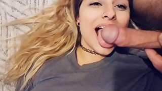 Blonde girl sucks cock happily, gets fingered and fucked with some anal