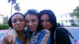 Three hot sluts please a guy with a blowjob and jump on his cock