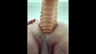 Huge 3.8inch thick dildo fucks fat white boy