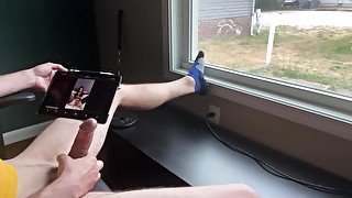 Watching baby play with her pussy for daddy in front of an open window CAUGHT HUGE cumshot