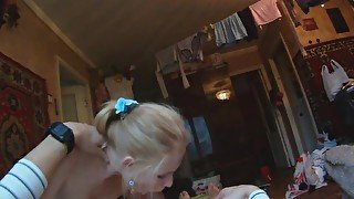 Petite blonde Amber Daikiri blows a fine penis