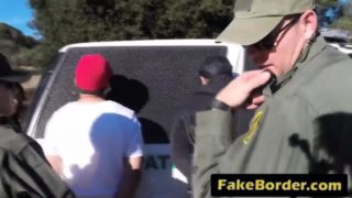 Amateur sluts fuck in threesome with fake border patrol agent and go down on each other